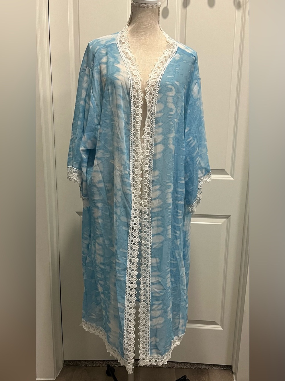 NWT Large Bohemian Sheer Kimono Longline Duster Kaftan Swim Cover Lace Beach